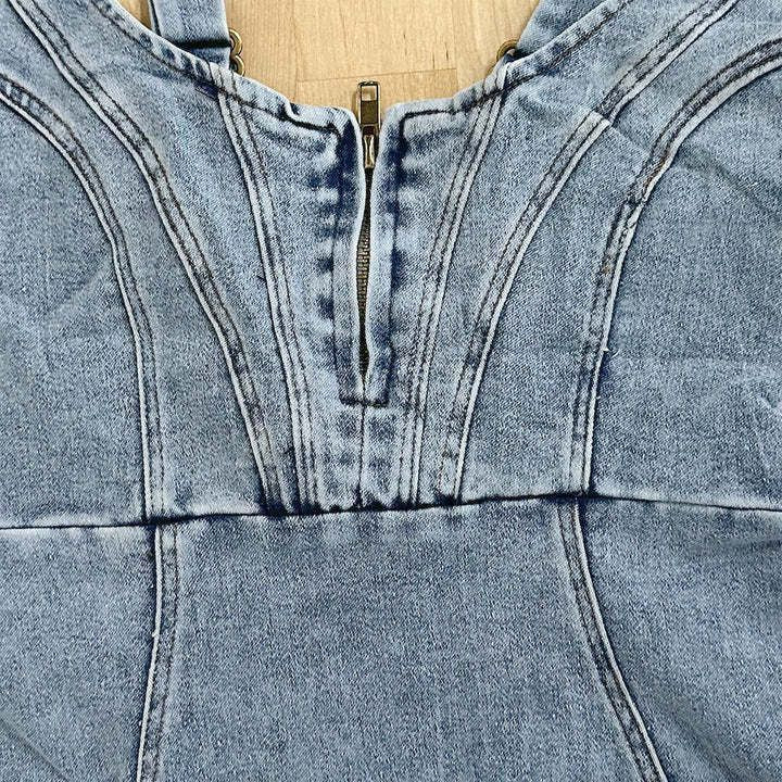 Women's Denim U-Neck Strappy Bodycon Dress with Slit (photo 8)