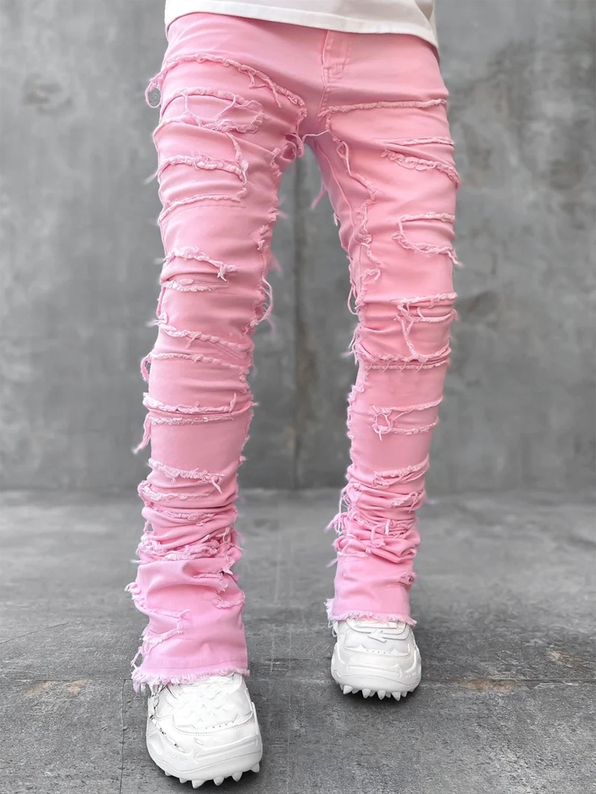 Men's Fringed Ripped Stacked Skinny Jeans (photo 4)