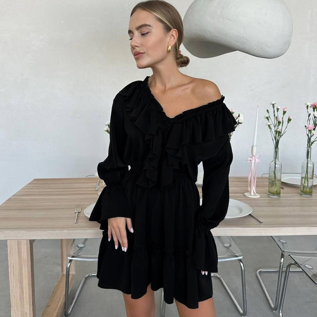 Women's V-Neck Ruffle Flare-Sleeve Mini Dress (photo 3)