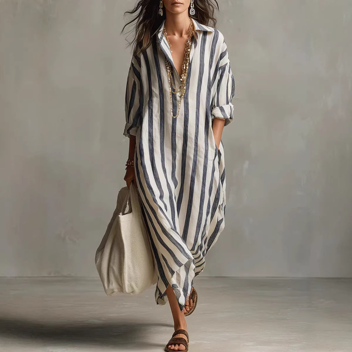 Women's Striped Split-Collar Long Shirt Dress (photo 12)