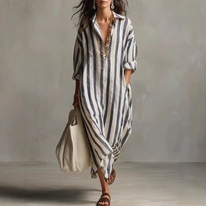 Women's Striped Split-Collar Long Shirt Dress (photo 12)