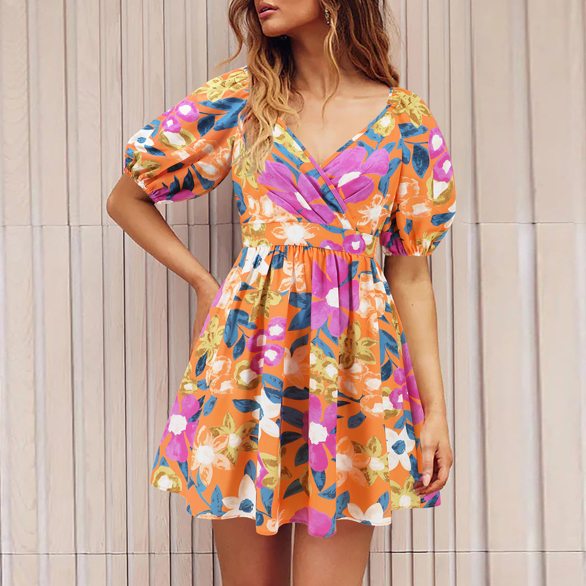 Women's Floral V-Neck Lantern-Sleeve Mini Dress (photo 7)