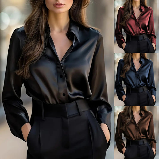Women's Satin Button-Up Long-Sleeve Blouse