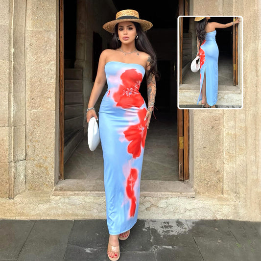 Women's Printed Slit Tube Maxi Dress