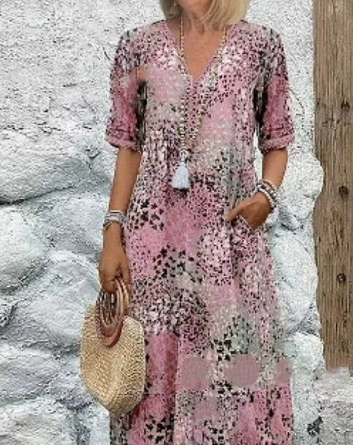 Women's V-Neck Half-Sleeve Printed Dress with Pockets (photo 3)