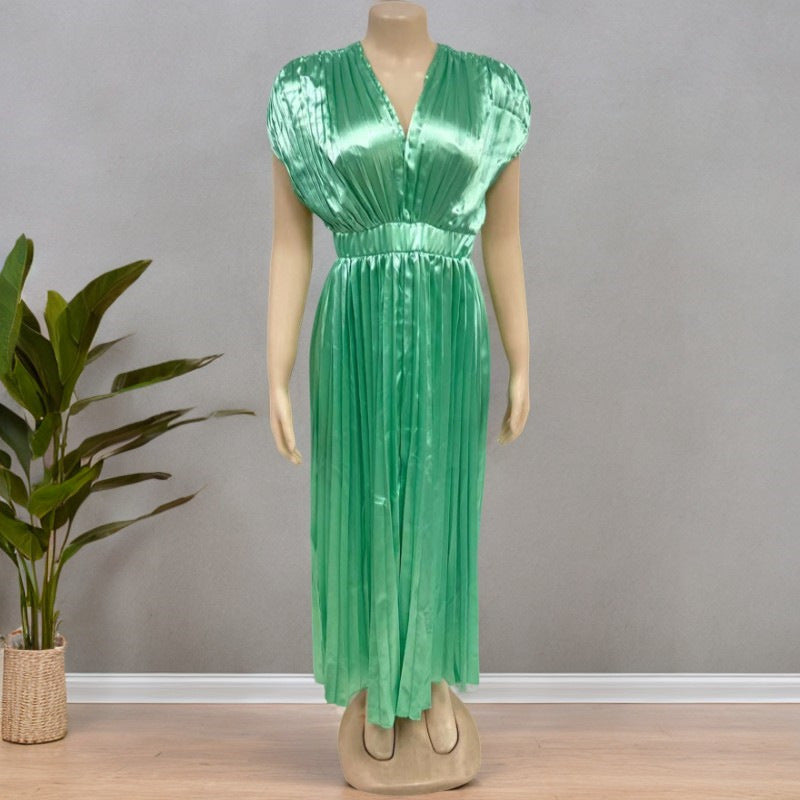 Women's V-Neck Pleated Sleeveless Dress with Zipper (photo 20)
