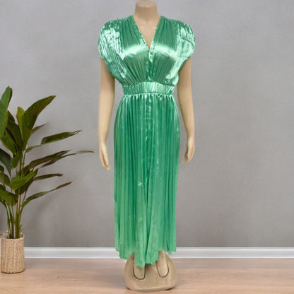 Women's V-Neck Pleated Sleeveless Dress with Zipper (photo 20)