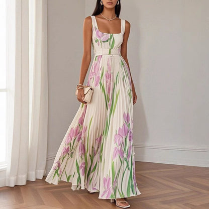 Women's Floral Pleated Sleeveless A-Line Midi Dress (photo 8)