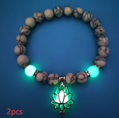Glow-in-the-Dark Lotus Charm Beaded Bracelet – B, 2-Pack