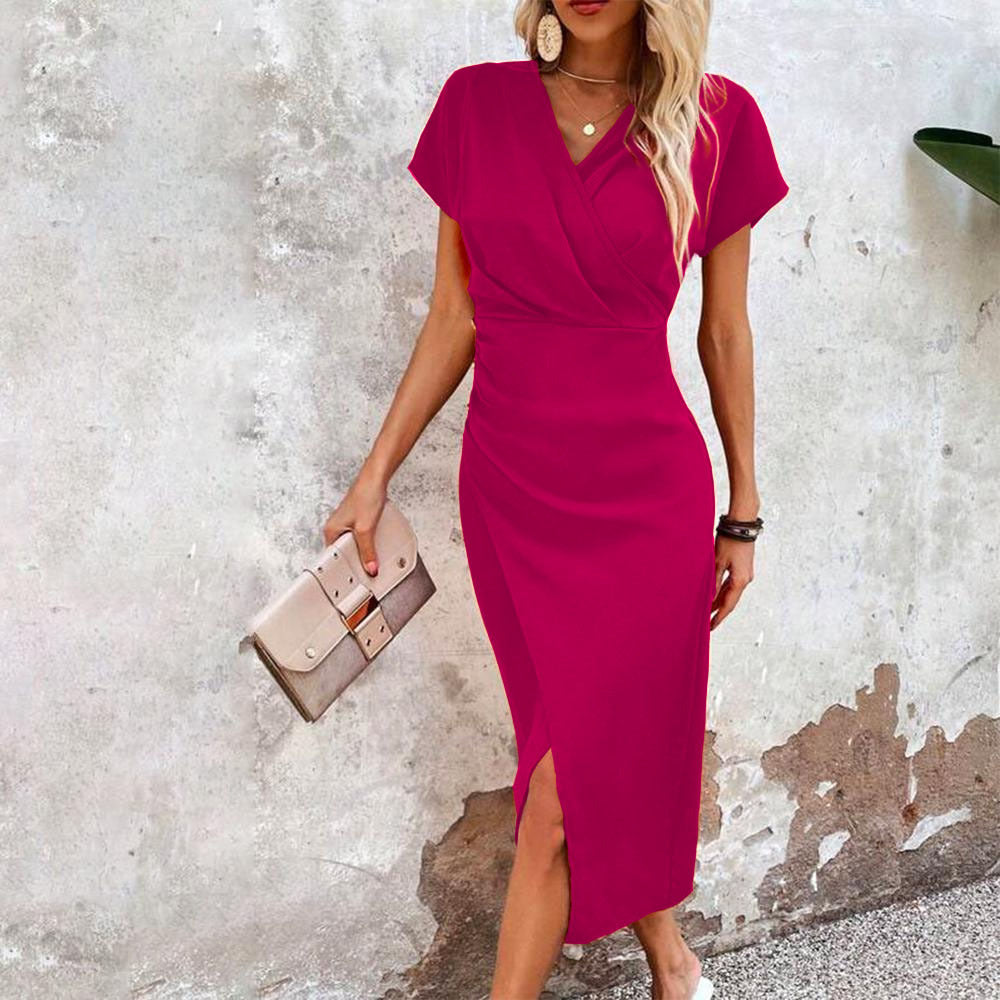 Women's Slim-Fit Short-Sleeve V-Neck Dress with Slit (photo 23)