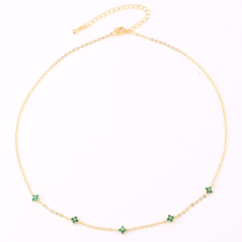 Dainty Flower Station Necklace, Gold or Silver Tone – Gold Tone, Green Flowers