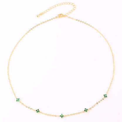 Dainty Flower Station Necklace, Gold or Silver Tone – Gold Tone, Green Flowers