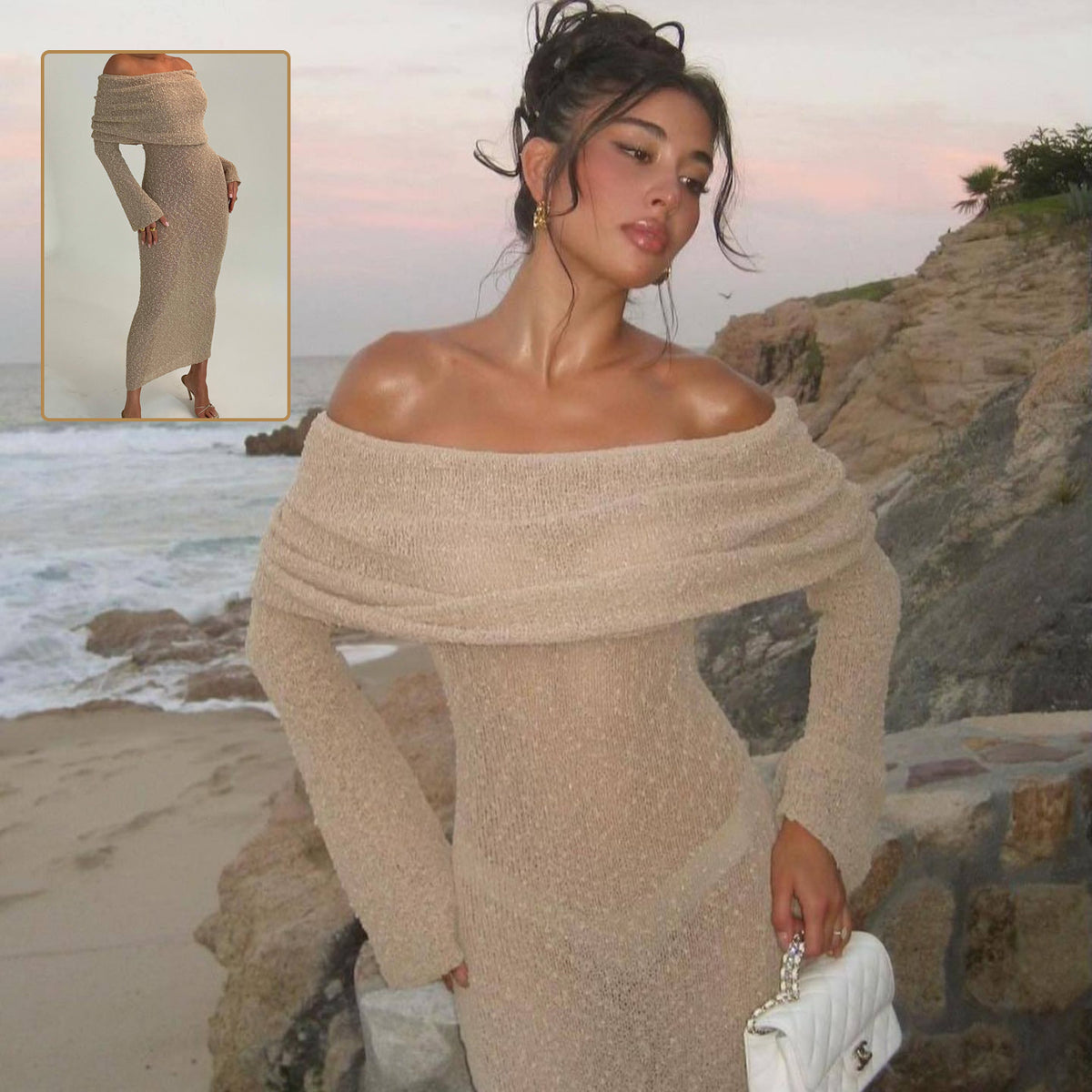Women's One-Shoulder Long-Sleeve Knit Maxi Dress