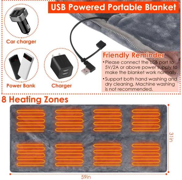 USB Heated Wearable Blanket Wrap with Zipper, 59 x 31 in (photo 4)