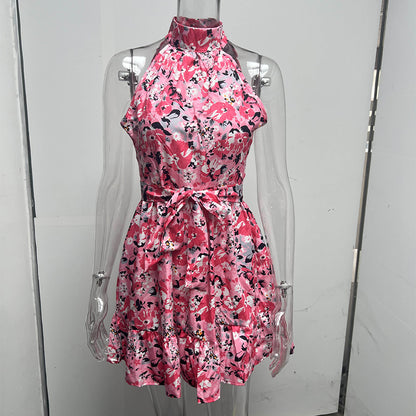 Women's Floral Halter Lace-Up Ruffle Dress (photo 8)