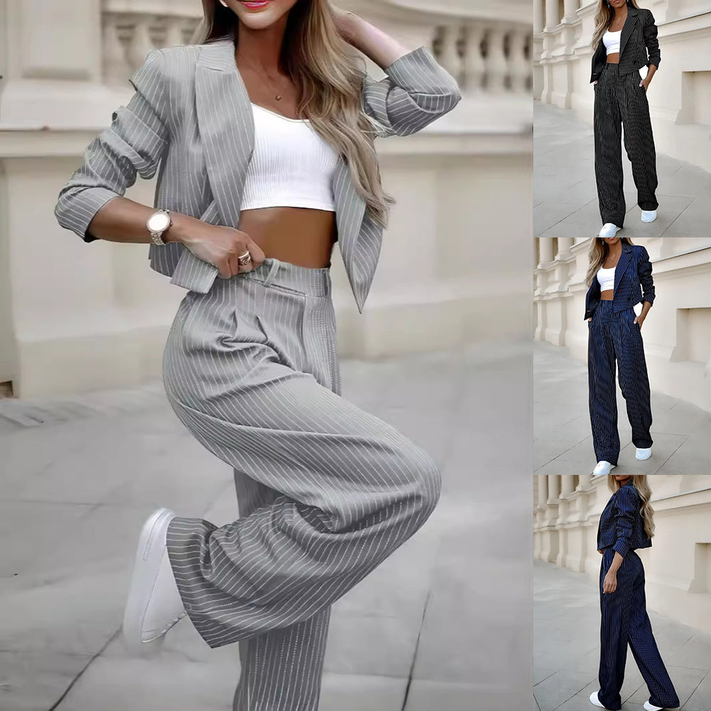 Women's Striped Lapel Crop Top and Straight Pants Set