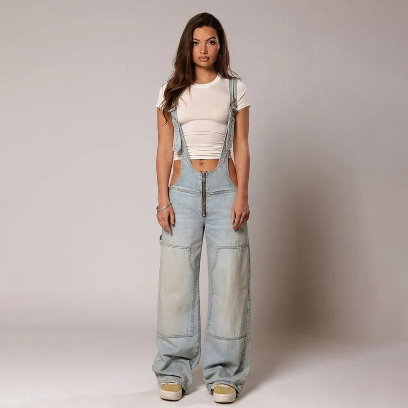 Women's Zip Denim Overalls with Pockets (photo 16)