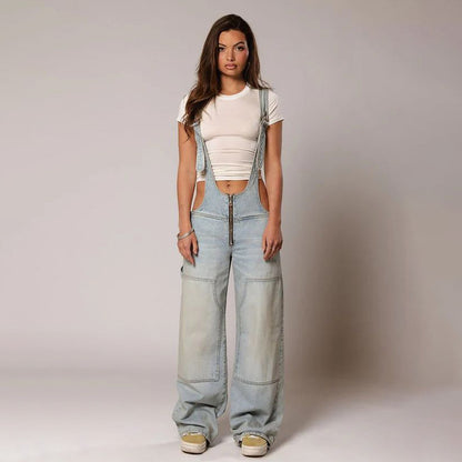 Women's Zip Denim Overalls with Pockets (photo 16)
