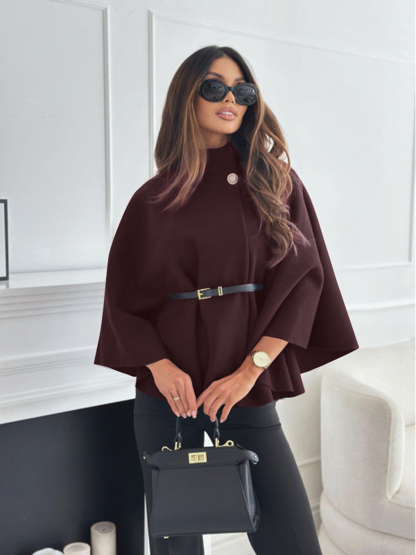 Women's Stand-Collar Batwing Cape Jacket with Belt (photo 18)