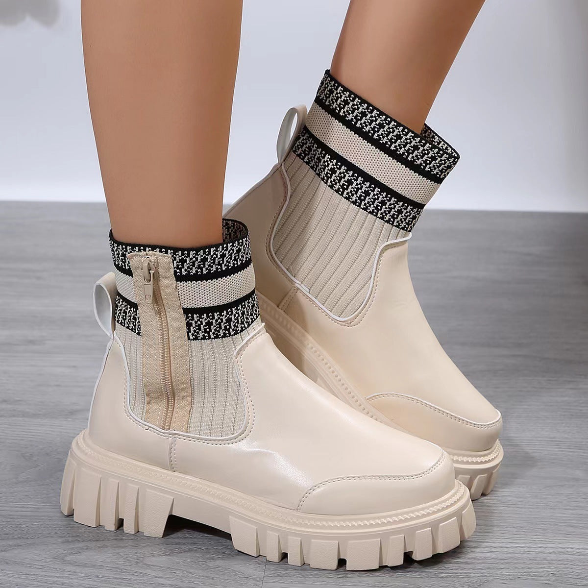 Women's Knit Patchwork Side-Zip Mid-Calf Boots