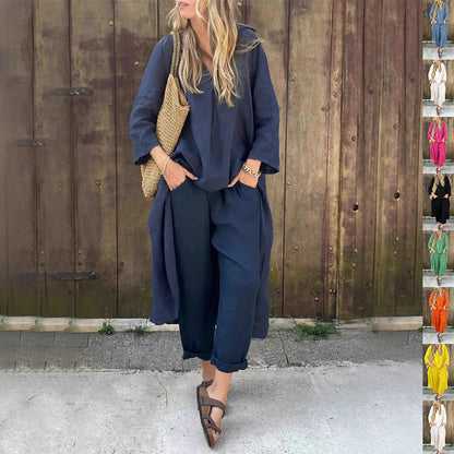 Women's Long V-Neck Top and Wide-Leg Pants Set