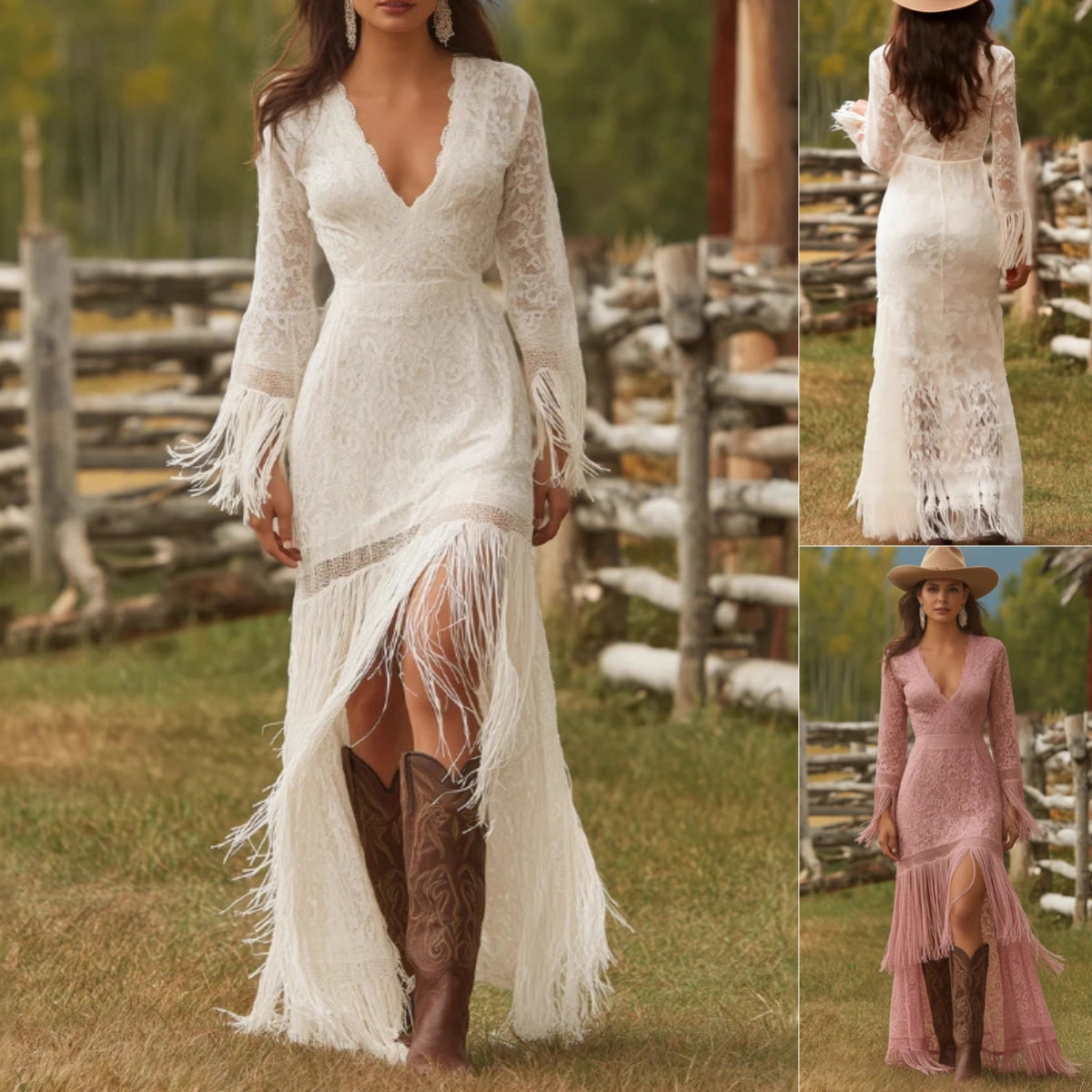 Women's Boho Lace Maxi Dress with Fringe Sleeves