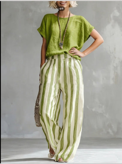 Women's Short-Sleeve T-Shirt and Striped Wide Pants Set (photo 3)