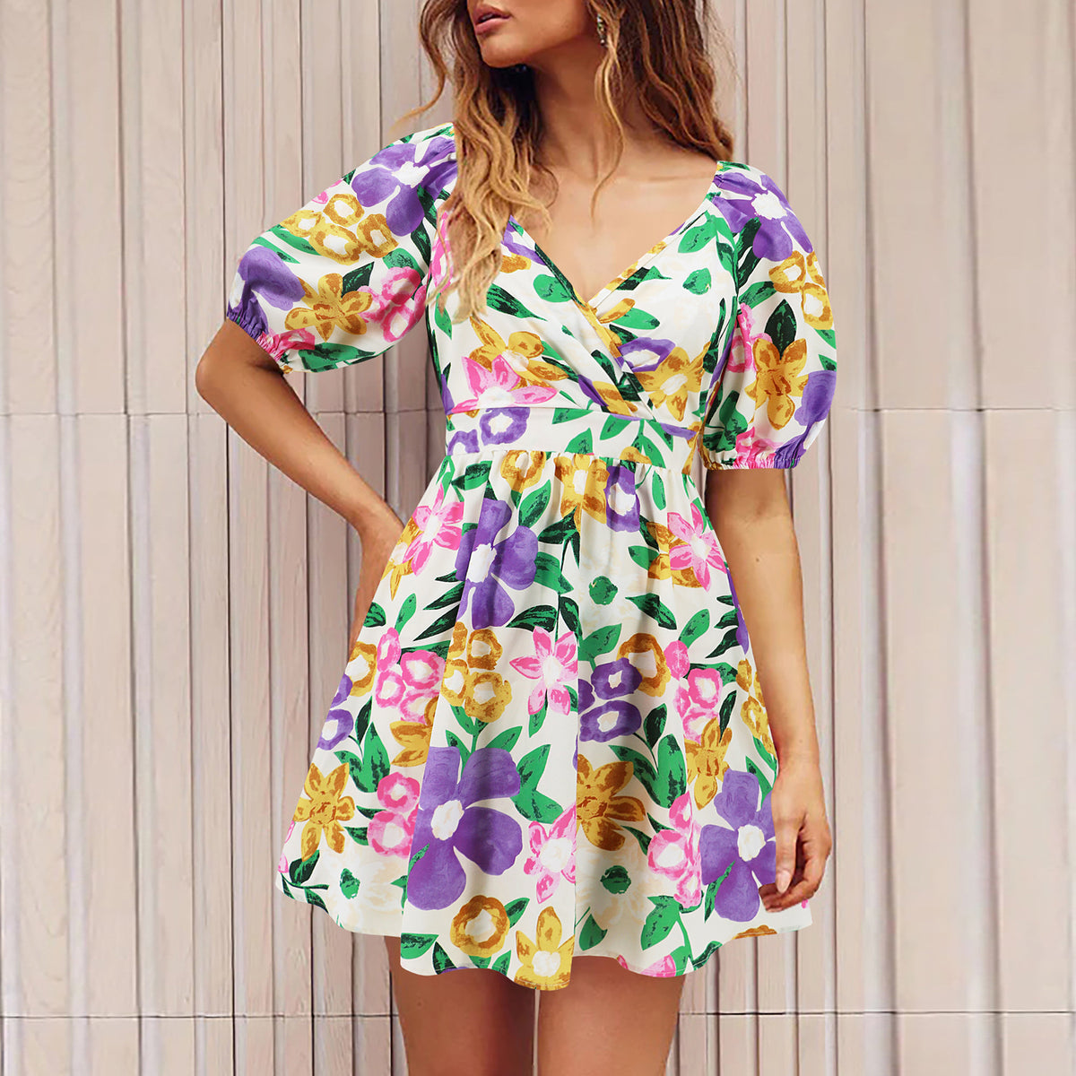 Women's Floral V-Neck Lantern-Sleeve Mini Dress (photo 10)