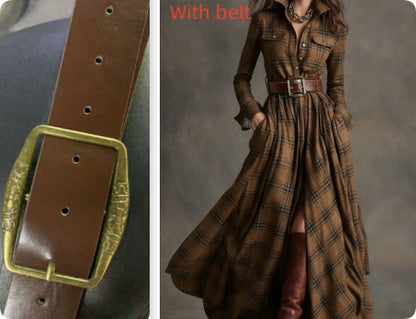 Women's Plaid Long-Sleeve Shirt Dress with Pockets (photo 14)
