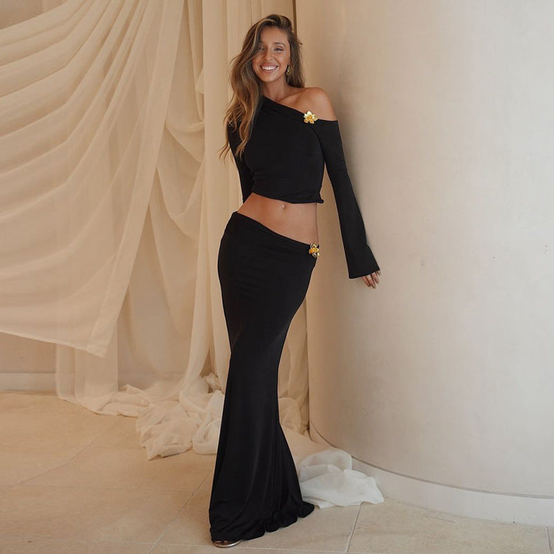 Women's Off-Shoulder Bell-Sleeve Top and Long Skirt Set (photo 4)