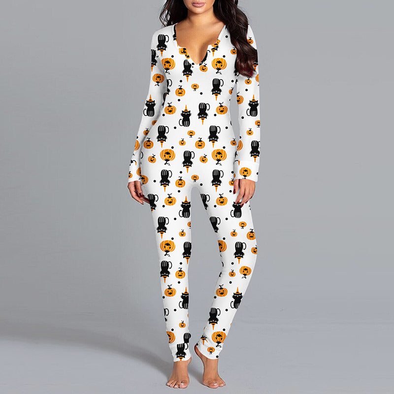 Women's Halloween Print Long-Sleeve Jumpsuit Pajamas (photo 10)