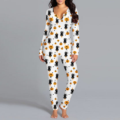 Women's Halloween Print Long-Sleeve Jumpsuit Pajamas (photo 10)