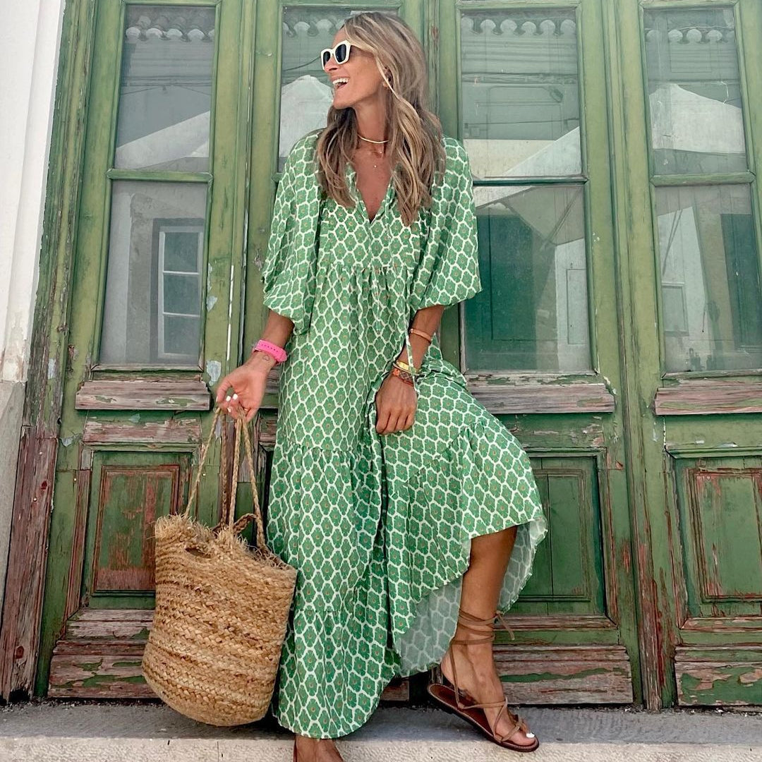 Women's Boho Print V-Neck Short-Sleeve Long Dress