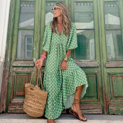 Women's Boho Print V-Neck Short-Sleeve Long Dress