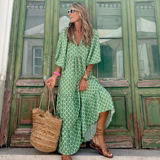 Women's Boho Print V-Neck Short-Sleeve Long Dress