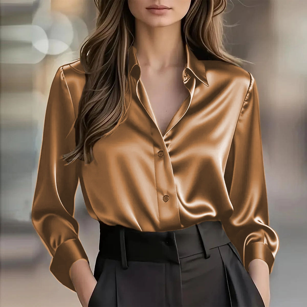 Women's Satin Button-Up Long-Sleeve Blouse (photo 17)