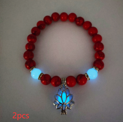 Glow-in-the-Dark Lotus Charm Beaded Bracelet – C, 2-Pack