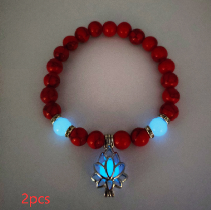 Glow-in-the-Dark Lotus Charm Beaded Bracelet – C, 2-Pack