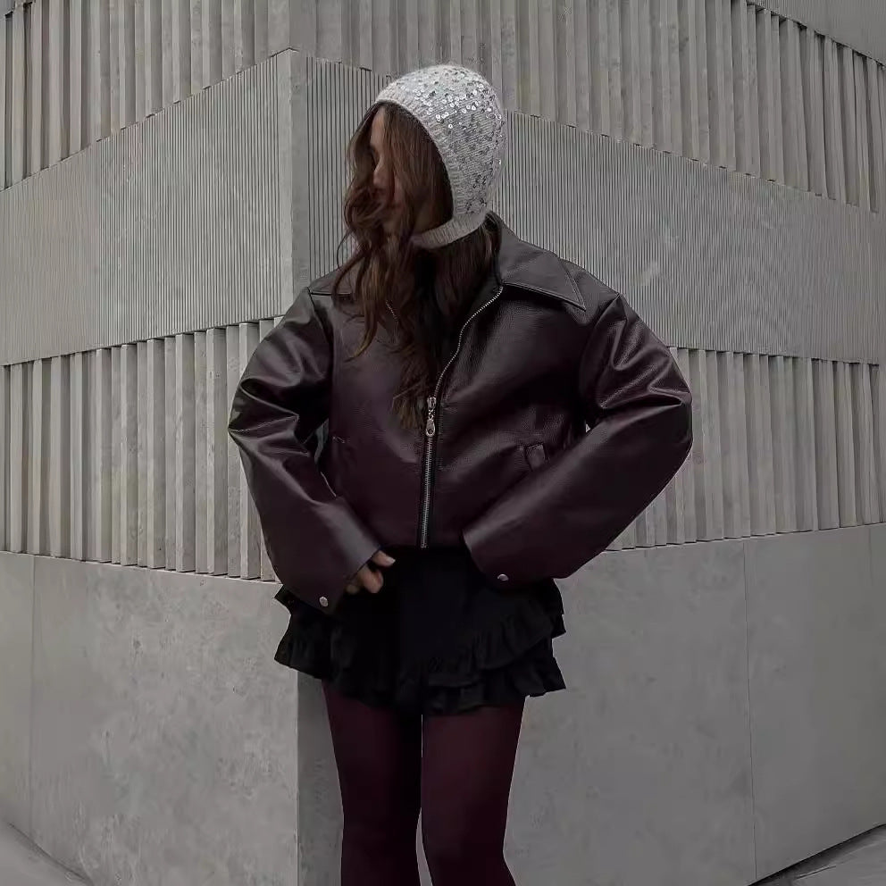 Women's Faux Leather Lapel Zip Jacket (photo 4)