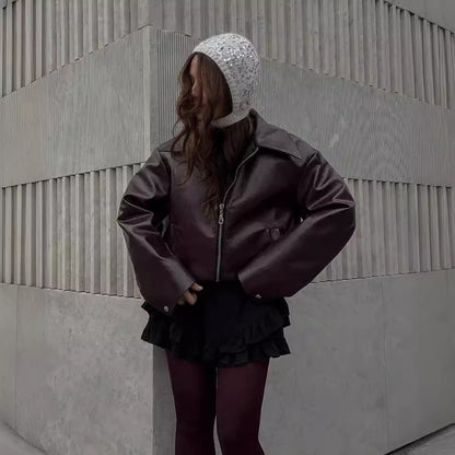 Women's Faux Leather Lapel Zip Jacket (photo 4)