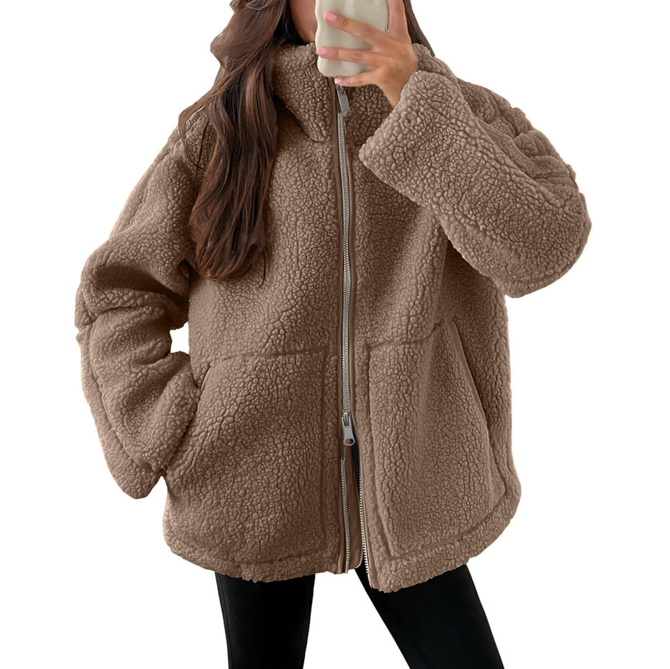 Women's Lapel Zip-Up Fleece Coat with Pockets (photo 14)