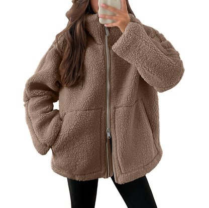 Women's Lapel Zip-Up Fleece Coat with Pockets (photo 14)
