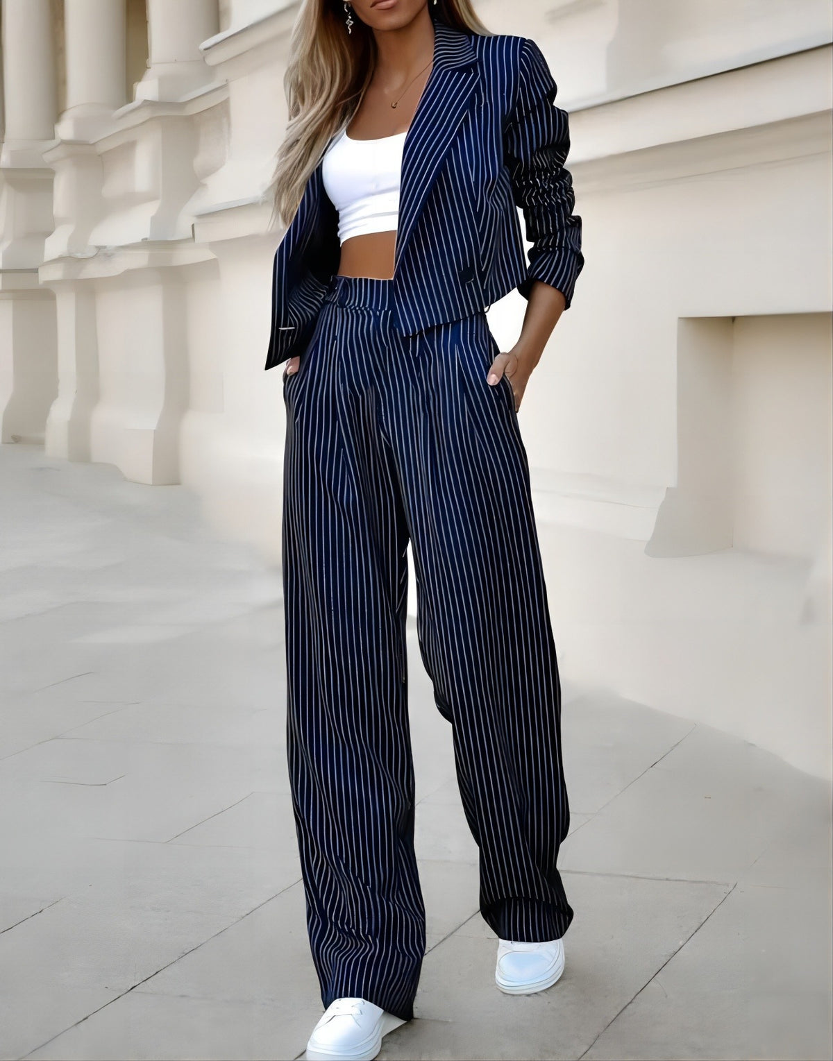 Women's Striped Lapel Crop Top and Straight Pants Set (photo 4)