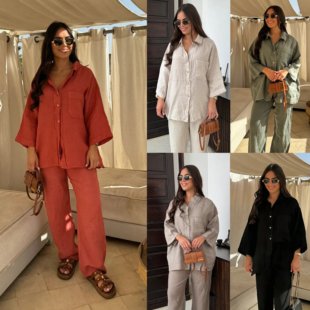 Women's Long-Sleeve Pocket Shirt and Wide-Leg Pants Set