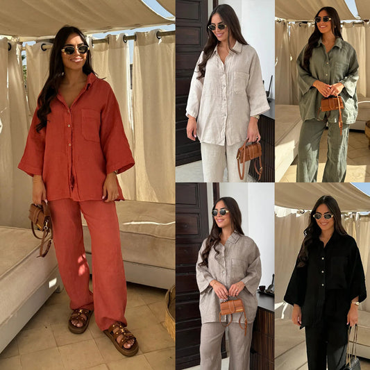 Women's Long-Sleeve Pocket Shirt and Wide-Leg Pants Set