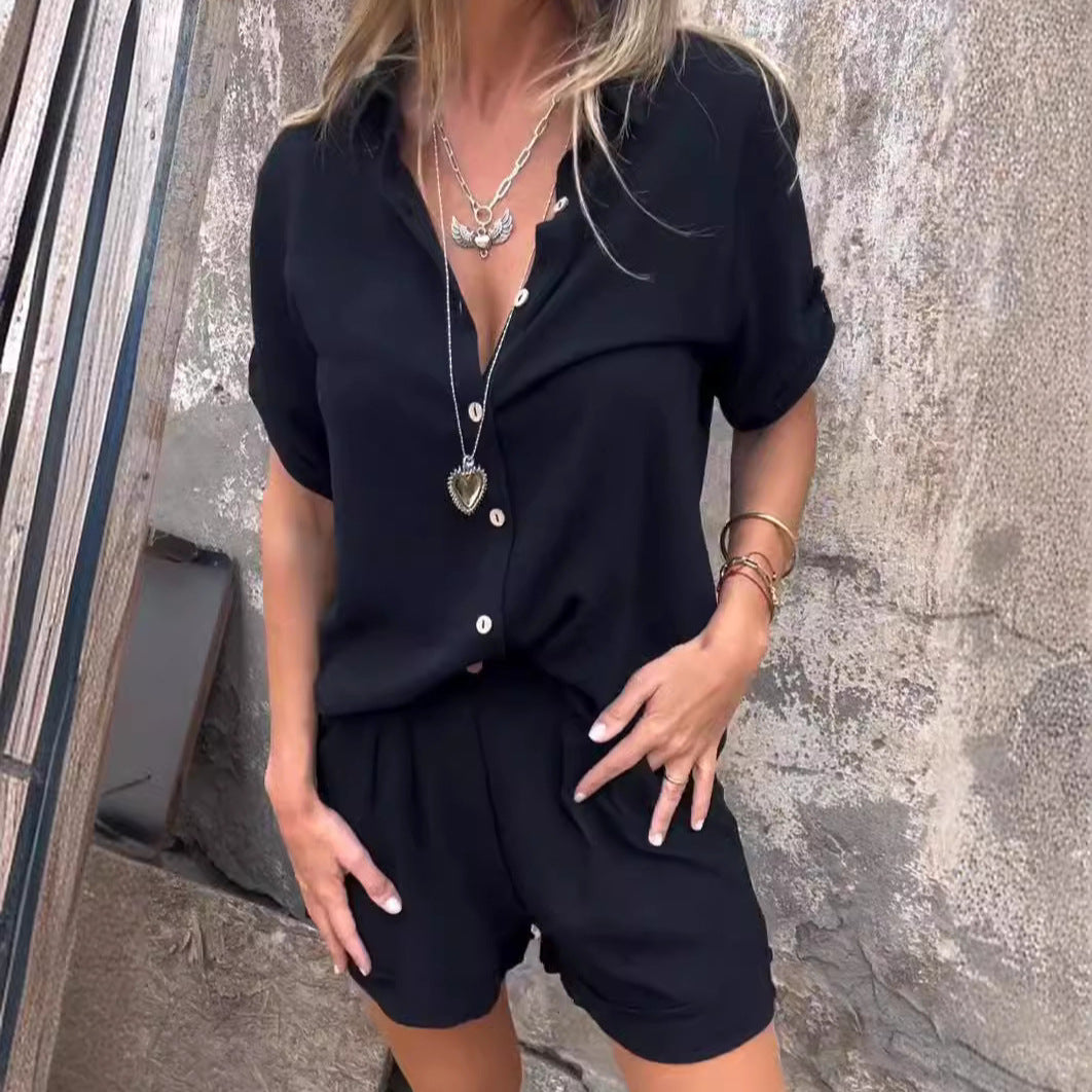 Women's Short-Sleeve Lapel Shirt and Shorts Set (photo 3)