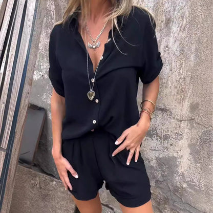 Women's Short-Sleeve Lapel Shirt and Shorts Set (photo 3)