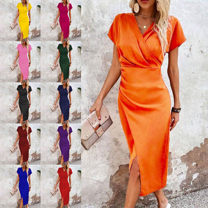 Women's Slim-Fit Short-Sleeve V-Neck Dress with Slit