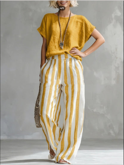 Women's Short-Sleeve T-Shirt and Striped Wide Pants Set (photo 5)