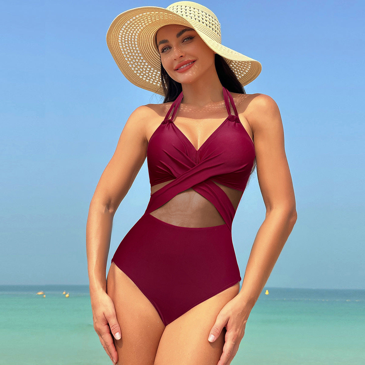 Women's Halter Cross-Strap One-Piece Swimsuit (photo 2)